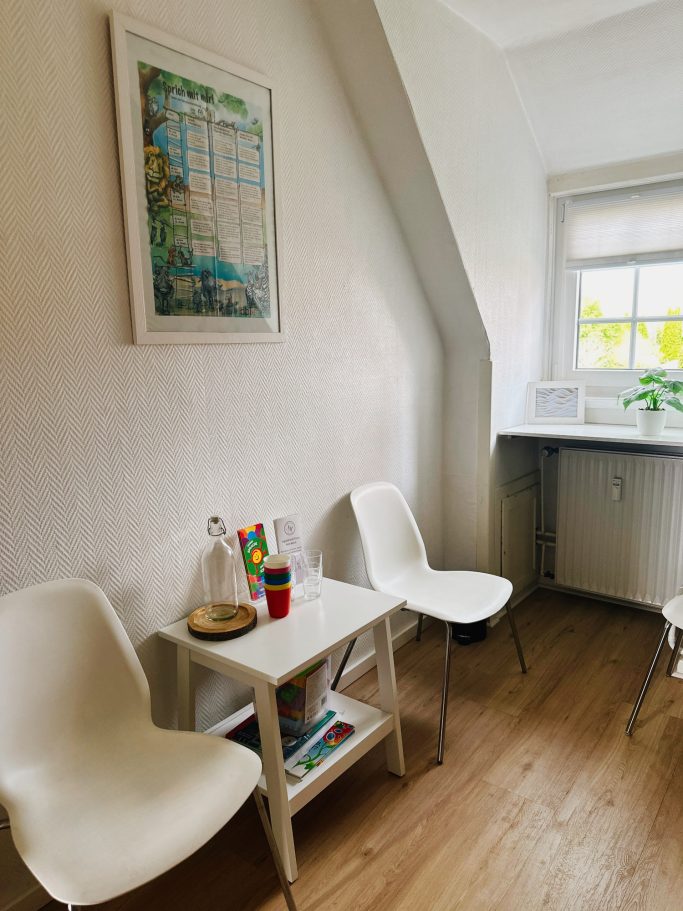 Helle Ecke mit zwei Stühlen, einem Tisch, Pflanzen und einem Wandbild.